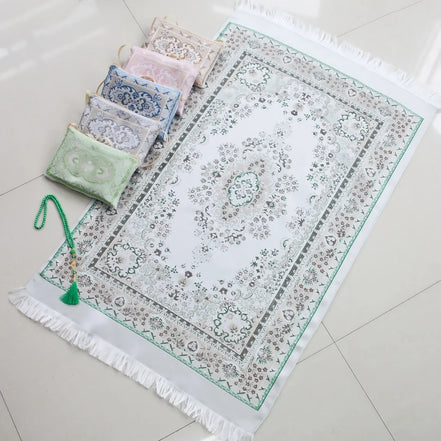 Portable Crossbody Chenille Prayer Rug, Printed Chenille Crossbody Style Prayer Mat Set with 99-Bead Faux Pearl Prayer Beads