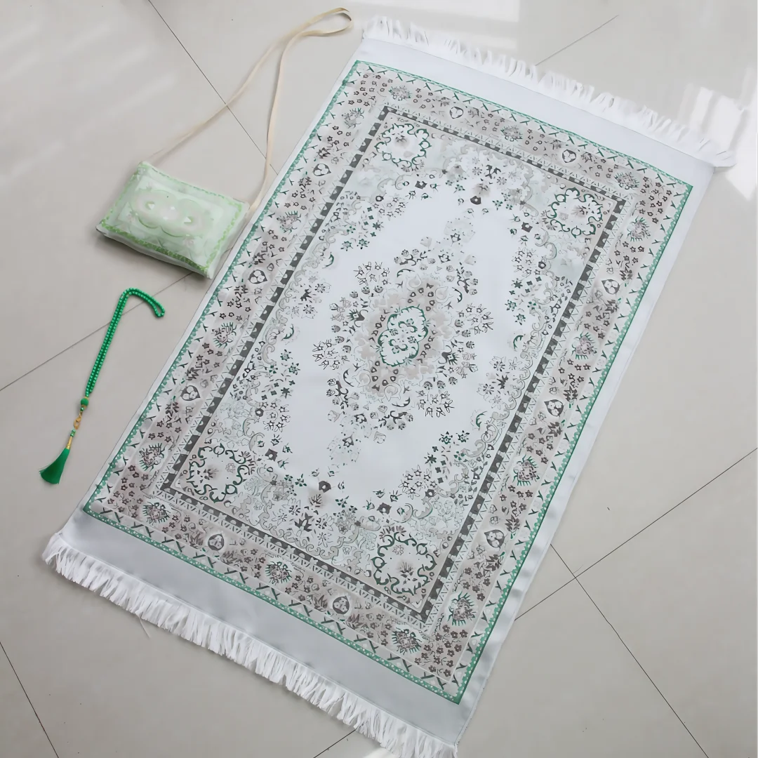 Portable Crossbody Chenille Prayer Rug, Printed Chenille Crossbody Style Prayer Mat Set with 99-Bead Faux Pearl Prayer Beads