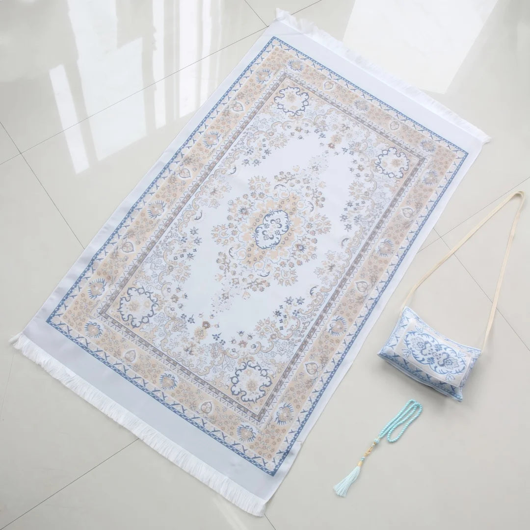 Portable Crossbody Chenille Prayer Rug, Printed Chenille Crossbody Style Prayer Mat Set with 99-Bead Faux Pearl Prayer Beads