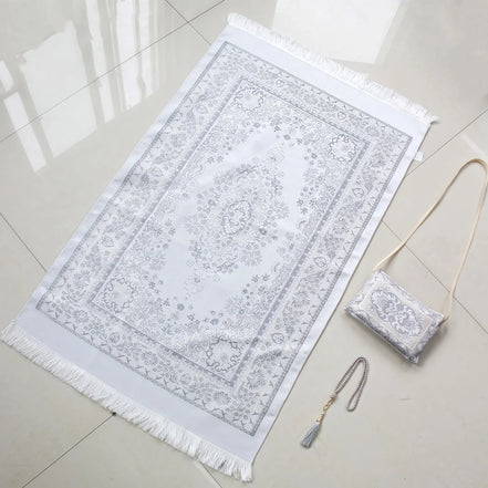 Portable Crossbody Chenille Prayer Rug, Printed Chenille Crossbody Style Prayer Mat Set with 99-Bead Faux Pearl Prayer Beads