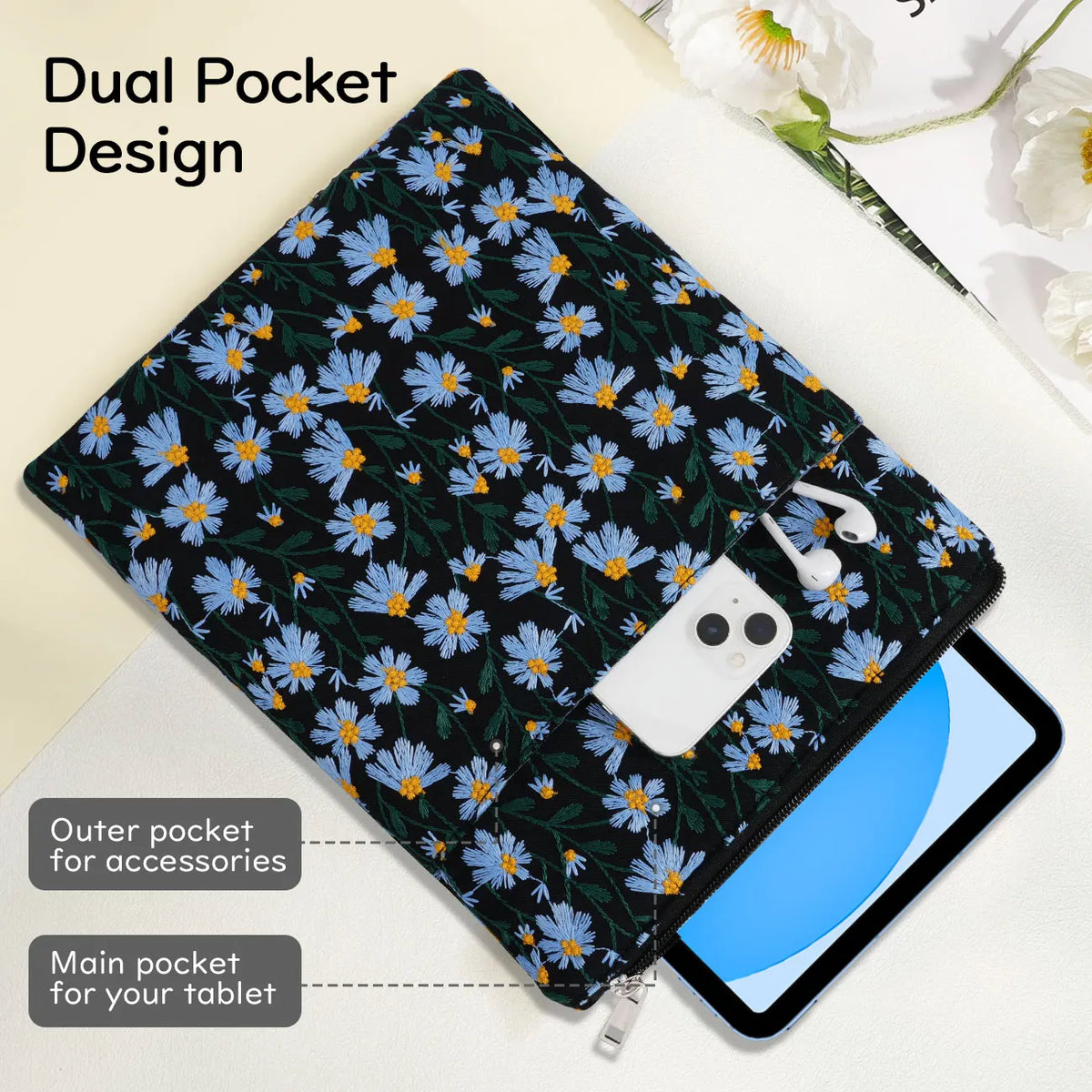 9-11 Inch Embroidered Daisy Padded Carrying Case Protective Tablet Sleeve for iPad A16 11th Gen 11