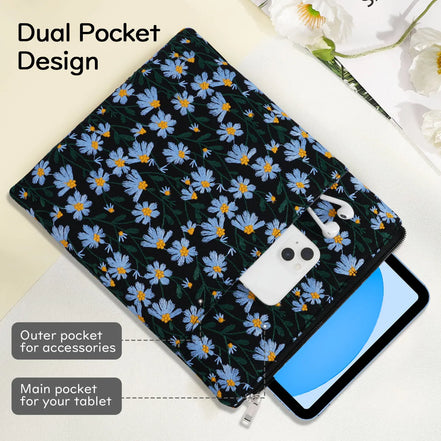 9-11 Inch Embroidered Daisy Padded Carrying Case Protective Tablet Sleeve for iPad A16 11th Gen 11"/10th Gen 10.9,6" Kindle/Kobo