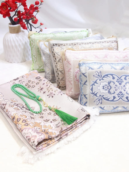 Portable Crossbody Chenille Prayer Rug, Printed Chenille Crossbody Style Prayer Mat Set with 99-Bead Faux Pearl Prayer Beads