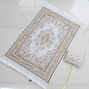 Portable Crossbody Chenille Prayer Rug, Printed Chenille Crossbody Style Prayer Mat Set with 99-Bead Faux Pearl Prayer Beads