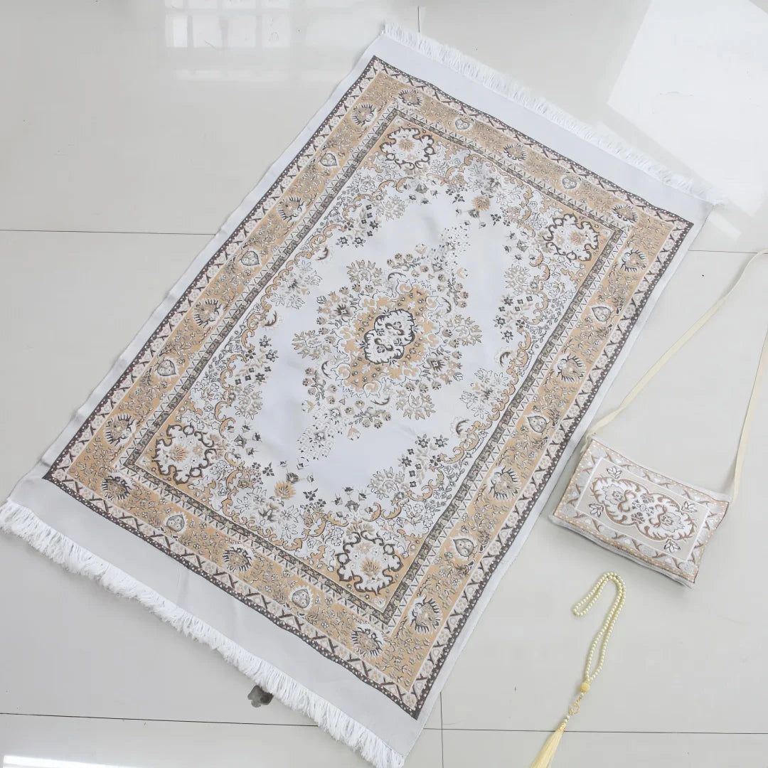 Portable Crossbody Chenille Prayer Rug, Printed Chenille Crossbody Style Prayer Mat Set with 99-Bead Faux Pearl Prayer Beads