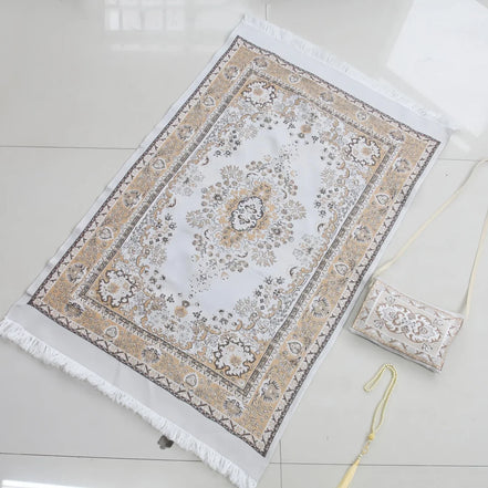 Portable Crossbody Chenille Prayer Rug, Printed Chenille Crossbody Style Prayer Mat Set with 99-Bead Faux Pearl Prayer Beads