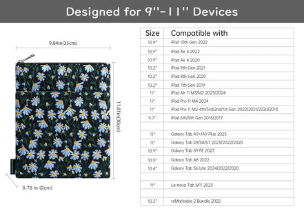 9-11 Inch Embroidered Daisy Padded Carrying Case Protective Tablet Sleeve for iPad A16 11th Gen 11"/10th Gen 10.9,6" Kindle/Kobo